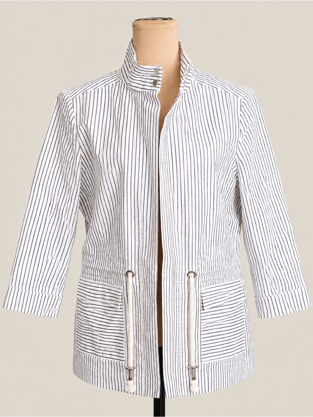 Doncaster Collection Striped Utility Jacket White Navy Drawstring Size Large